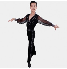 Black red white boys kids children performance professional competition school play latin ballroom tango waltz dance sequins rhinestones collar cuffs long sleeves shirts and ribbon side pants outfits sets